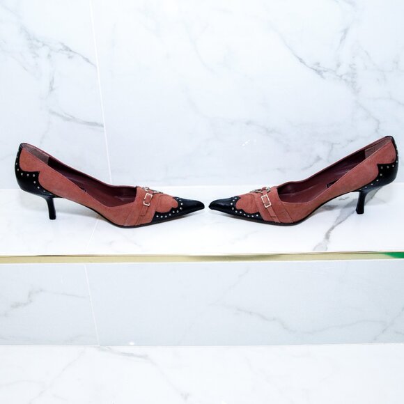 Vintage Steven by Steve Madden Red Black Leather Suede Kitten Heel Heart Studs - Picture 6 of 10